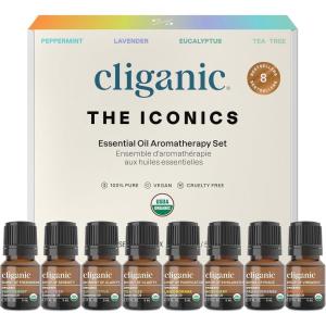 imageCliganic Organic Aromatherapy Essential Oils Gift Set Top 8  The Iconics 100 Pure  Peppermint Lavender Eucalyptus Tea Tree Lemongrass Rosemary Frankincense ampamp Orange Packaging May Vary016 Fl Oz Pack of 8