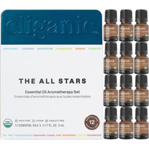 imageCliganic Organic Aromatherapy TOP 12 Essential Oils Set 100 Pure  Peppermint Lavender Eucalyptus Tea Tree Lemongrass Rosemary Frankincense Orange Lemon Cassia Cedarwood ampamp Grapefruit017 Fl Oz Pack of 12