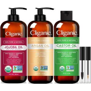 imageCliganic Organic Bulk Carrier Oil Trio  Jojoba Argan ampamp Castor 16oz each