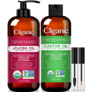 imageCliganic Organic Carrier Oil Duo  Jojoba Oil 16oz and Castor Oil 16oz