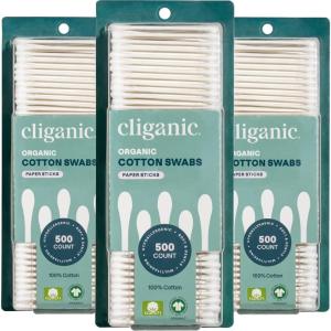 imageCliganic Organic Cotton Swabs 1500 Count  100 Pure Natural Cotton ChlorineFree Hypoallergenic Soft Gentle ampamp Absorbent Buds500 Count Pack of 3