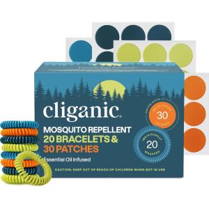 imageCliganic Mosquito Repellent Pack 20 Bracelets  30 Stickers  for Kids ampamp Adults Natural DEETFree Essential Oil Infused