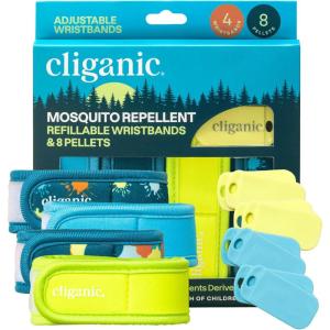 imageCliganic Mosquito Repellent Pack 4 Wristbands  8 Refill Pellets  Adjustable Natural DEETFree Essential Oil Infused4 Count Pack of 1