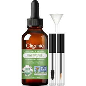 imageCliganic Organic Castor Oil 100 Pure 4oz Glass Bottle with Eyelash Kit  For Eyelashes Eyebrows Hair ampamp Skin Packaging May Vary1 Fl Oz Pack of 1