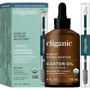 imageCliganic Organic Castor Oil 100 Pure 4oz Glass Bottle with Eyelash Kit  For Eyelashes Eyebrows Hair ampamp Skin Packaging May Vary4 Fl Oz Pack of 1