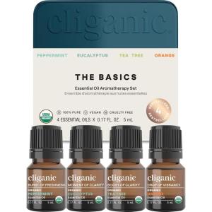 imageCliganic Organic Essential Oils Gift Set Top 4  The Basics 100 Pure Natural Aromatherapy  Peppermint Eucalyptus Tea Tree ampamp Orange017 Fl Oz Pack of 4