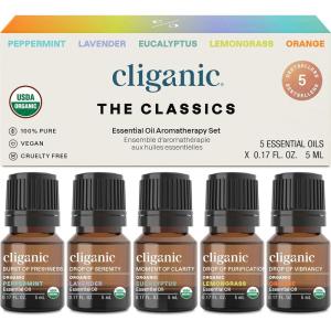 imageCliganic Organic Essential Oils Set Top 5  The Classics  100 Pure Natural  Aromatherapy Candle Making  Peppermint Lavender Eucalyptus Lemongrass ampamp Orange Packaging May Vary017 Fl Oz Pack of 5
