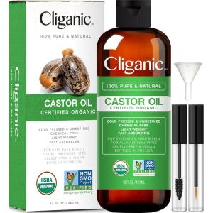 imageCliganic USDA Organic Castor Oil 100 Pure 16oz with Eyelash Kit  For Eyelashes Eyebrows Hair ampamp Skin  Bulk Natural Cold Pressed Unrefined HexaneFree  DIY Carrier Oil16 Fl Oz Pack of 1