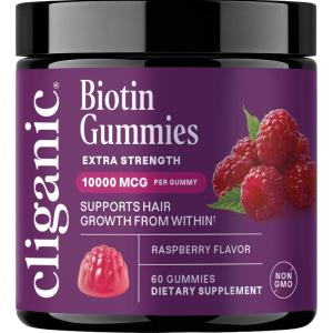 image:imageCliganic Biotin Gummies Extra Strength  10000 mcg Biotin per Gummy Raspberry Flavored Supplement for Men amp Women NonGMO Supports Hair Growth and Strong Healthy Hair Nails amp Skin 30 Count1 Count Pack of 60